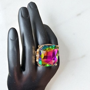 Rainbow Crystal Square Statement Ring, Large Cocktail Ring, Adjustable Band Ring, Vintage Style, Big Cocktail Ring, Rings for Women