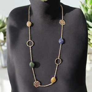 Floral Gemstone Long Necklace: Gold Tone Statement Chain, Multi-Colour Stones