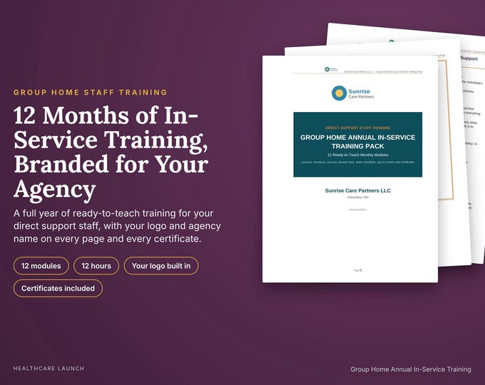 Group Home Annual In-Service Training, 12 Modules With Your Agency Logo, Quizzes, Answer Keys, Certificates, Sign-In Sheets, Word PDF