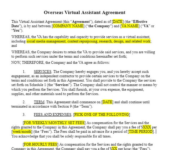 Overseas Virtual Assistant Agreement  (VA) Template Customizable Legal Document