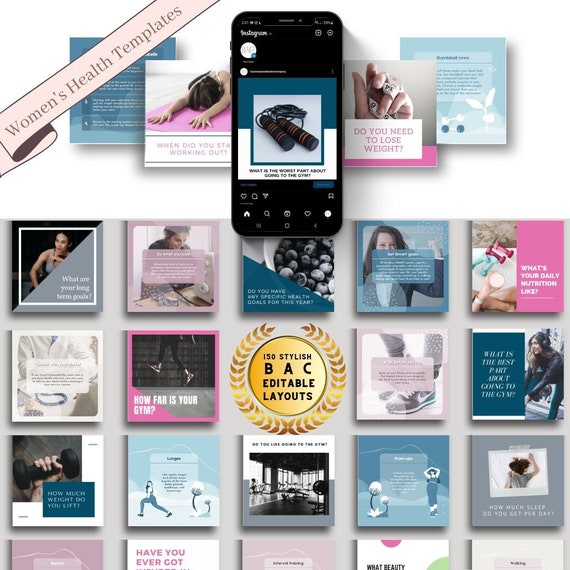150 Women's Health Template Bundle - Resources for Fitness and Health Coaches,Entrepreneurs,Influencers, and small businesses - Social Media