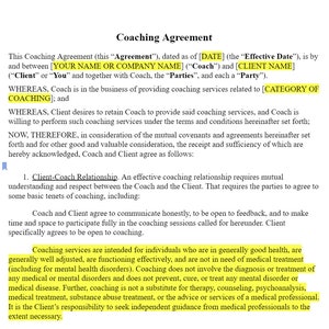 Coaching Agreement Customizable Legal Document