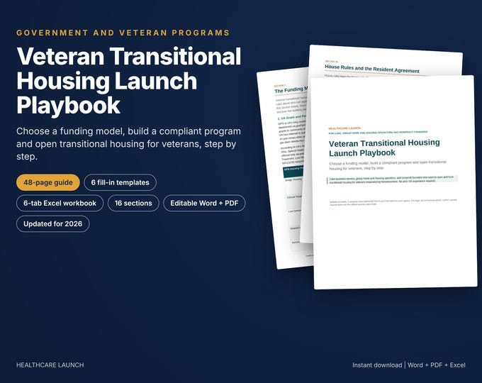 Veteran Transitional Housing Playbook, VA Grant and Per Diem Guide, Veteran Housing Nonprofit Startup, Group Home Business Templates
