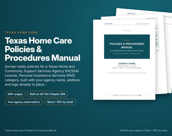 Texas Non-Medical Home Care Policy and Procedure Manual, HCSSA PAS License, Built With Your Agency Name, Survey Ready, Word and PDF
