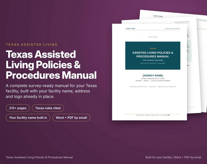 Texas Assisted Living Policy and Procedure Manual, 26 TAC 553, Built With Your Facility Name, Survey Ready, Word and PDF