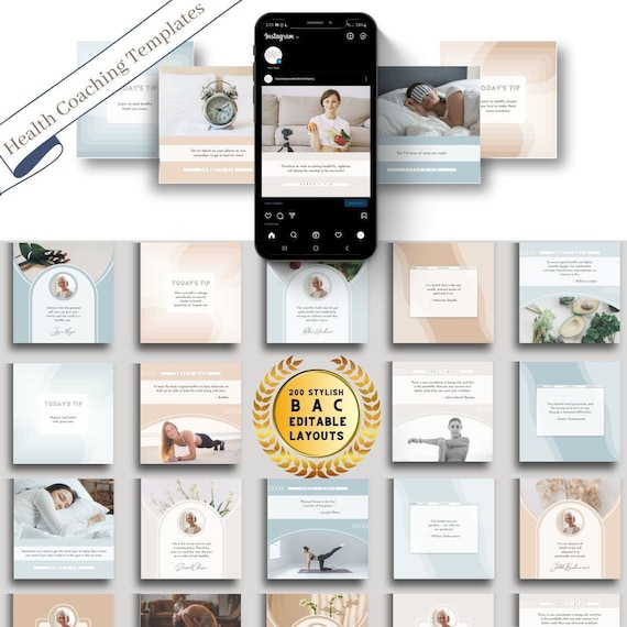 200 Health Coach Template Bundle - Resources for Fitness and Health Coaches,Entrepreneurs,Influencers, and small businesses - Social Media