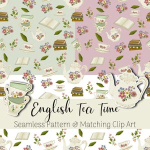 Puede incluir: Un patrón sin costuras que presenta una tetera, tazas de té, libros y flores en una gama de colores pastel. El patrón se repite sobre un fondo verde claro, rosa claro y blanco. El texto "English Tea Time" y "Seamless Pattern & Matching Clip Art" se muestra debajo del patrón.