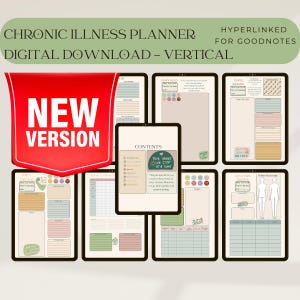 May include: A digital planner for Goodnotes app, designed for chronic illness management. The planner includes sections for tracking symptoms, medication, appointments, and more. The cover features a green chalkboard with the text "Two Things One Step At A Time".