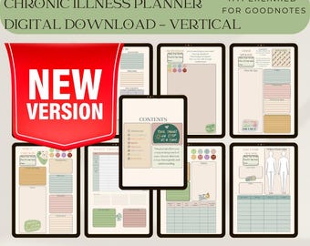 May include: A digital planner for Goodnotes app, designed for chronic illness management. The planner includes sections for tracking symptoms, medication, appointments, and more. The cover features a green chalkboard with the text "Two Things One Step At A Time".
