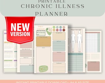 Puede incluir: Planificador de enfermedades crónicas imprimible con una etiqueta de nueva versión. El planificador incluye páginas para el control diario, planes de autoayuda, síntomas, autocuidado, nutrición, hidratación, dónde te duele hoy y comer para tu salud.