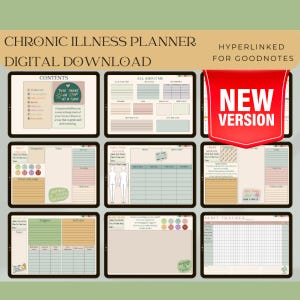 May include: A digital planner for chronic illness management, with a colorful design and the text "Take things one step at a time". The planner includes sections for tracking symptoms, triggers, self-care, daily and weekly routines, and habit tracking. It is hyperlinked for use with Goodnotes.