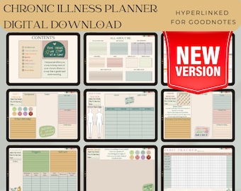 May include: A digital planner for chronic illness management, with a colorful design and the text "Take things one step at a time". The planner includes sections for tracking symptoms, triggers, self-care, daily and weekly routines, and habit tracking. It is hyperlinked for use with Goodnotes.
