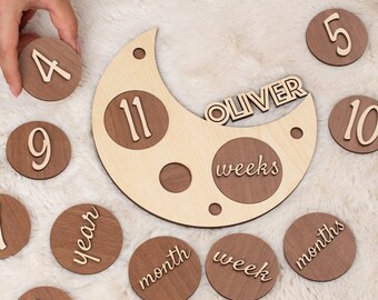 Wooden Monthly Milestone Baby Disc Baby Milestone Cards Monthly Milestone Markers for Baby Photos Baby Photo Prop Baby Shower Month Photos