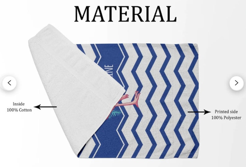 May include: A white beach towel with a blue and white chevron pattern. The towel has a pink flamingo illustration on the printed side. The back side of the towel is 100% cotton and the printed side is 100% polyester.