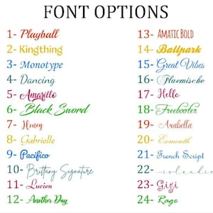 May include: A list of 24 different font options for use in a design project. The fonts are displayed in a numbered list with the font name and a sample of the font.