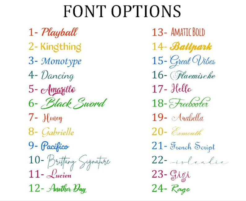 May include: A list of 24 different font options for use in a design project. The fonts are displayed in a numbered list with the font name and a sample of the font.
