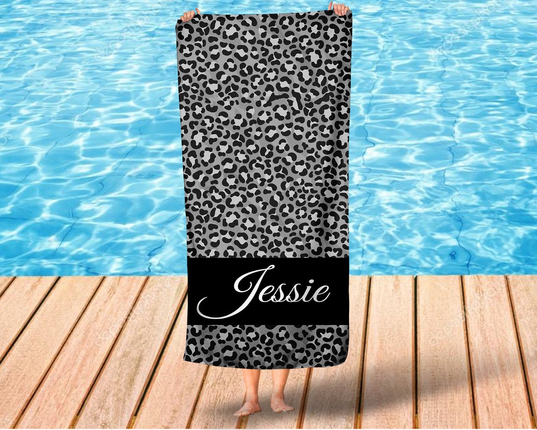 Beach Towel Gray Leopard Print, Custom Name Beach Towel, Personalized