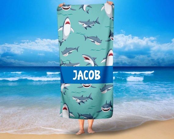 Personalized Shark Name Beach Towel ,Custom shark Gift,Shark Beach Towel, Baby Shower Gift, Custom Kids Beach Towel, Party Favors