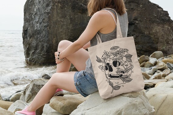 Skull Mushroom Bag | Canvas Tote Bag, Fungi Canvas Tote Bag 
