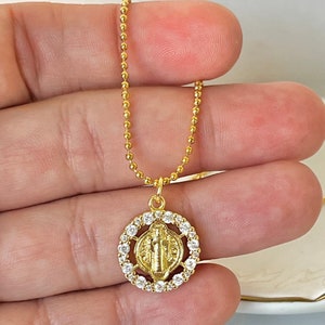 Saint benedict necklace, Protection St Benedict medal, San Benito charm necklace, Catholic necklace, gold ball chain, religious jewelry.