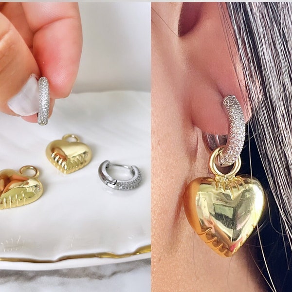 Gold Heart earrings, gold heart huggie hoop earring, heart droop charm, two tone earrings, dangle heart earrings, hoop dangle earrings.