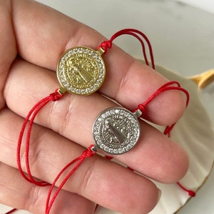Red Saint benedict bracelet, Protection St benedict medal, Red San Benito Charm bracelet, Gold catholic bracelet, religious jewelry, for her