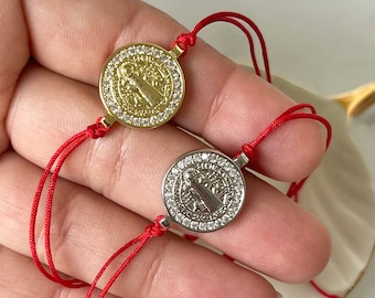 Red Saint Benedict Macrame Bracelet, Gold Plated Charm, Religious Jewelry