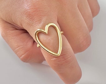 Anillo de corazón chapado en oro, banda ajustable y apilable