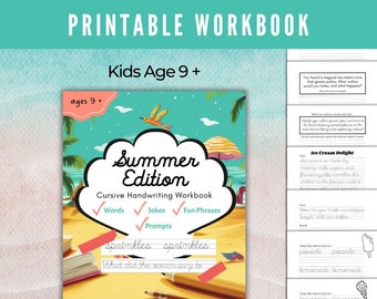 Sommerkursive Handschrift Praxis Arbeitsblätter für Kinder, druckbare Cursive Tracing, 61 Seiten kursiver Schrift, Sofortiger Download