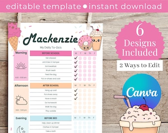 Puede incluir: Una plantilla editable de lista de tareas diarias para niños titulada Mackenzie, con secciones para mañana, tarde y noche, incluyendo casillas de verificación para cada día de la semana. El diseño incluye ilustraciones de helado, una dona y un batido.