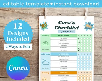Puede incluir: Una lista de verificación imprimible para niños con un esquema de color verde, azul y amarillo. La lista de verificación se titula "Cora's Checklist" e incluye secciones para "Mañana", "Tarde" y "Noche". Cada sección tiene una lista de tareas con casillas de verificación para cada día de la semana.