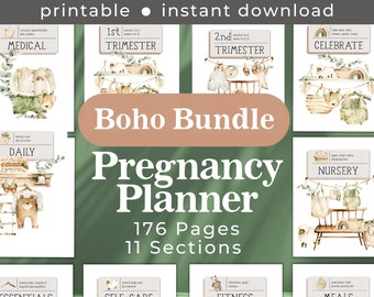 Boho Printable Pregnancy Planner Bundle for the Mom to Be, Journal for First Time Moms, New and Expecting Parents Organizer, 176 Pages