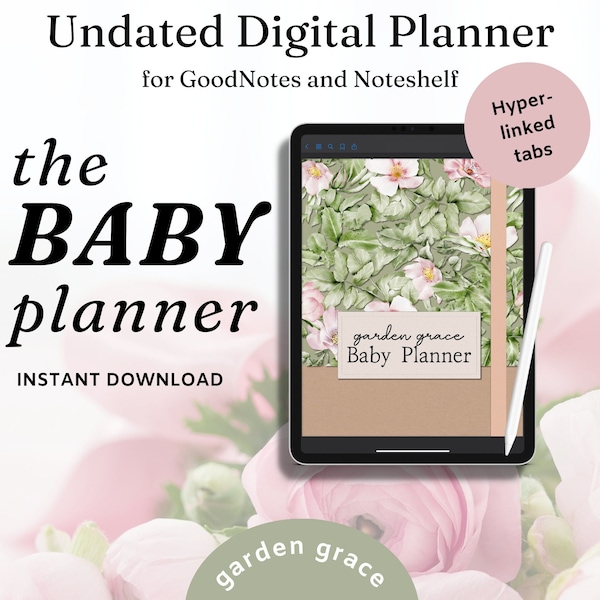 Digital Pregnancy Planner for Goodnotes or Notability, Garden Baby Planner for First Time Moms, Pregnancy Checklists for Tablet, 180 Pages