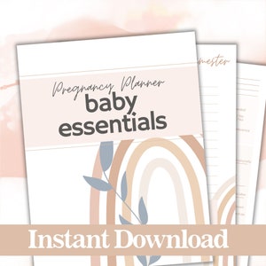May include: A printable pregnancy planner checklist with the text "Pregnancy Planner baby essentials" and an illustration of a rainbow with leaves. The text "Instant Download" is at the bottom of the page.