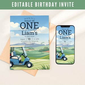 Hole in One Birthday Invitation, Golf First Birthday Invite, Golfing Par Tee 1st Birthday for Boys and Girls, Editable Printable Template
