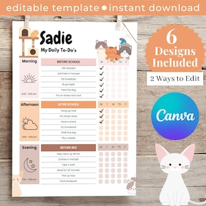 Katzen Bearbeitbare Kinder Morgen Routine Diagramm, Kinder Tägliche Checkliste, Zubettgehen Routine Vorlage, Bearbeitbare Kinder To Do Liste für Kätzchen und Kätzchen Fans