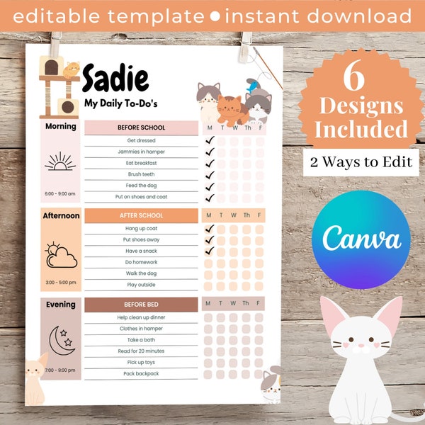 Cats Editable Kids Morning Routine Chart, Kids Daily Checklist, Bedtime Routine Template, Editable Kids To Do List for Kitty and Kitten Fans