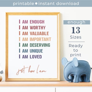 Ik ben genoeg bevestiging muurkunst voor kinderen, afdrukbare klasposter, groeimindset en positieve zelfpraat voor kinderen, Instant Download
