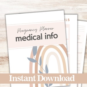 Könnte beinhalten: Ein druckbarer Schwangerschaftsplaner mit einem Regenbogen- und Blumendesign. Der Text "Pregnancy Planner medical info" und "Instant Download" ist auf der Seite sichtbar.