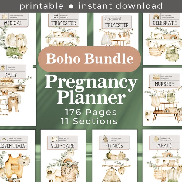 Boho Printable Pregnancy Planner Bundle for the Mom to Be, Journal for First Time Moms, New and Expecting Parents Organizer, 176 Pages