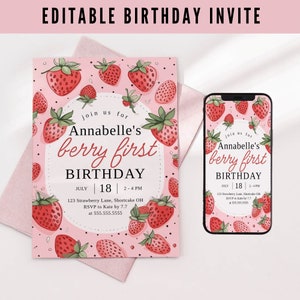 Berry First Birthday Invite, Strawberry Birthday Invitation for Girls, Sweet One 1st B-Day, Printable Party Invite, Editable Jet Template