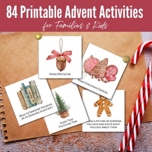 May include: A set of 84 printable Advent activity cards for families and kids. The cards feature watercolour illustrations of Christmas-themed activities, such as hanging mistletoe, making Christmas cookies, reading to someone younger, and telling a story about the giving tree.