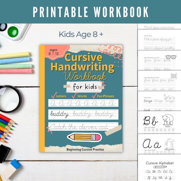 Cursive Handwriting Practice Worksheets for Kids, Printable Cursive Alphabet Letter Tracing, 92 Pages of Cursive Writing, Instant Download