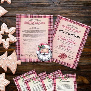 Cartas de Papá Noel y el elfo para niñas, certificado de lista de buenos, juego de cartas personalizadas de Papá Noel, plantillas navideñas imprimibles en Canva