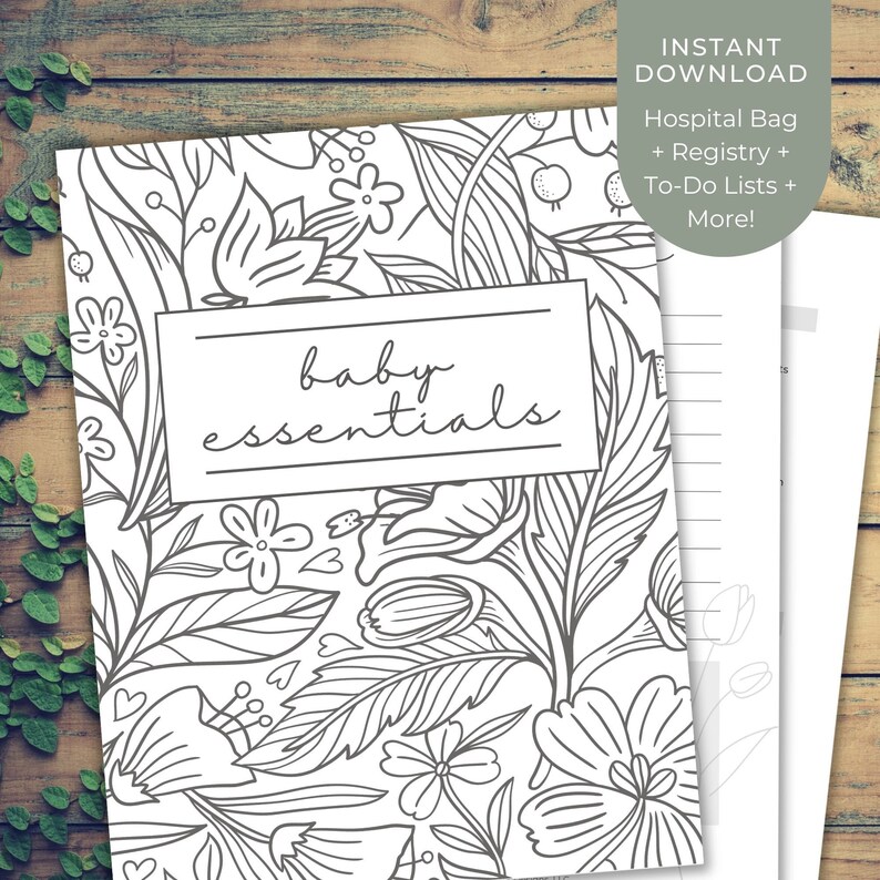 May include: A printable checklist for baby essentials with a floral design. The checklist includes a hospital bag, registry, to-do lists, and more.