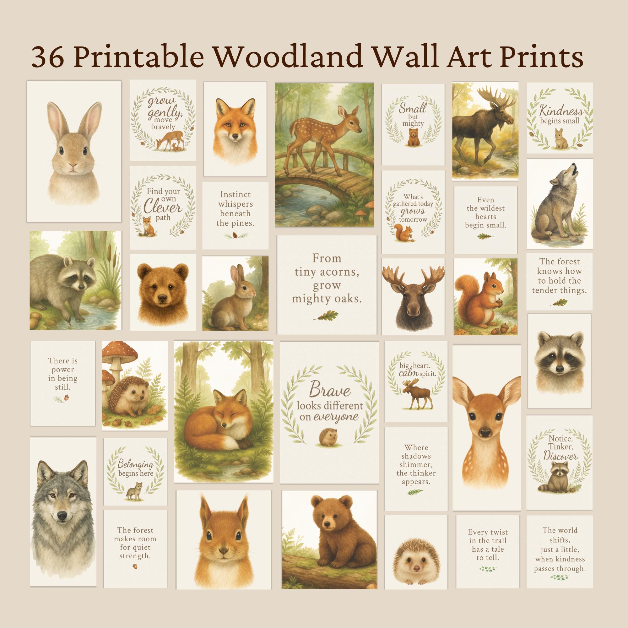 Woodland Nursery Mega Bundle – 36 Printable Animal Portraits, Forest Scenes, Inspirational Quotes, for Woodsy Room – Digital Wall Art Set