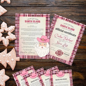Cartas de Papá Noel y el elfo para niñas, certificado de lista de buenos, juego de cartas personalizadas de Papá Noel, plantillas navideñas imprimibles en Canva