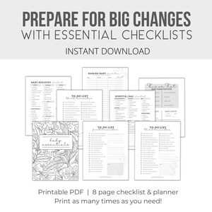 May include: Printable checklist and planner for preparing for a new baby. The checklist includes sections for baby registry, naming baby, to-do lists for each trimester, hospital bag checklist, and a "This or That" baby name edition. The checklists are in black and white with a floral design.