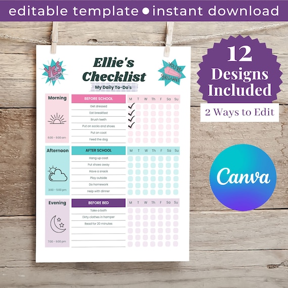 Editable Kids Morning Routine Chart, Kids Daily Checklist, Bedtime Routine Template, Editable Chore Chart List for Kids, Kids To Do List