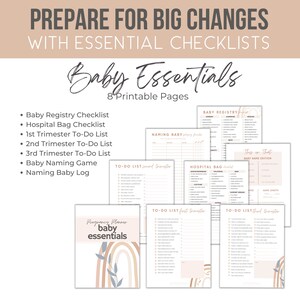 Printable pregnancy planner from Marker Moments featuring the baby essential checklists like hospital bag and baby registry